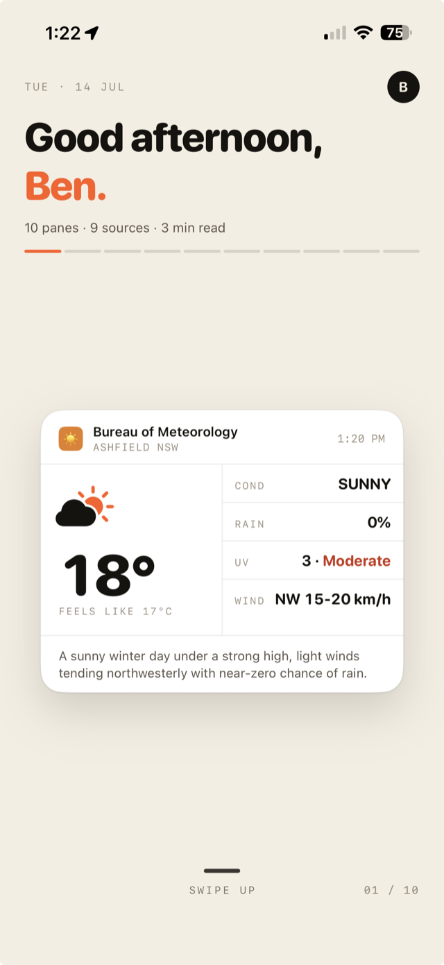 The Panes feed on iPhone — a weather pane published to the feed by an agent, showing 18°, sunny, 0% rain.